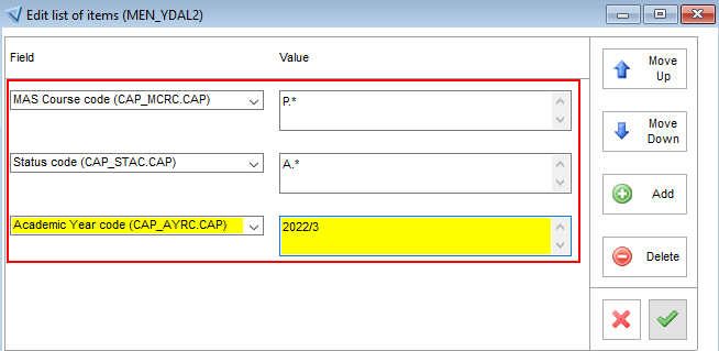 Image showing the criteria for the batch being defined in the edit list of items entity on sits