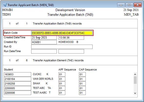  Transfer application batch screen in SITS showing batch code.