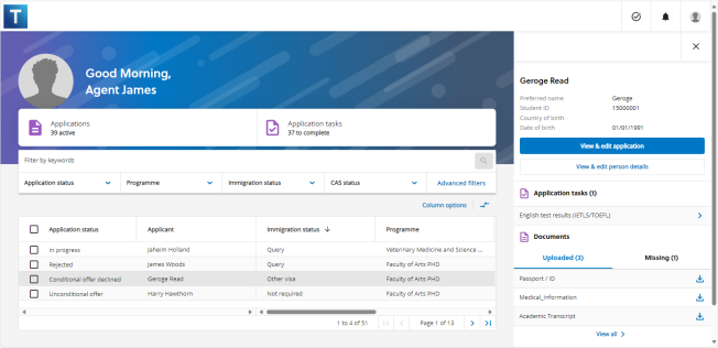 Screenshot showing the showing the list of applications in the agent portal and the mini-info panel for the selected application.