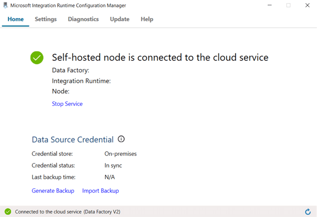 self-hosted integration runtime configuration manager notification of successful connection to edge