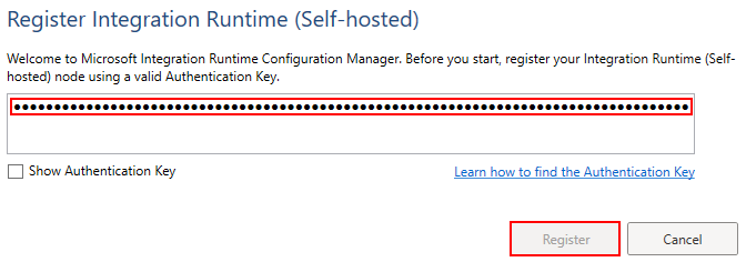 the integration runtime configuration manager with the authentication key panel and register button highlighted