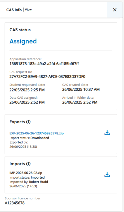 CAS informaiton view with information about a CAS request