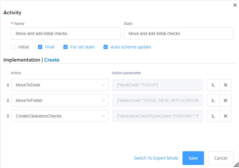 the workflow designer create activity pop up with mutiple actions and set as a final activity 