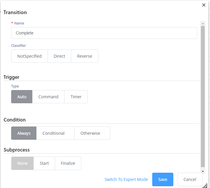 workflow designer transition pop up with condition set to always