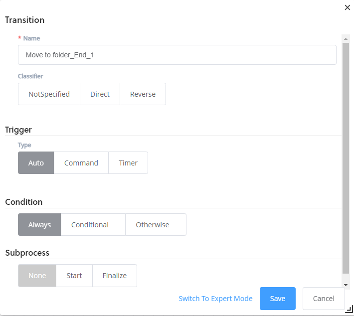 workflow designer tranisition pop up with condition set to always