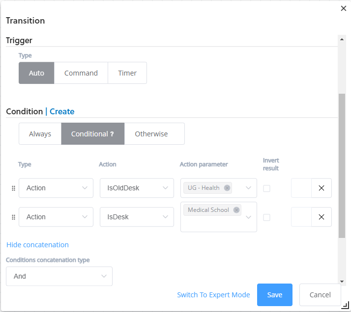 workflow designer transition pop up with condition set to conditional and condition defined