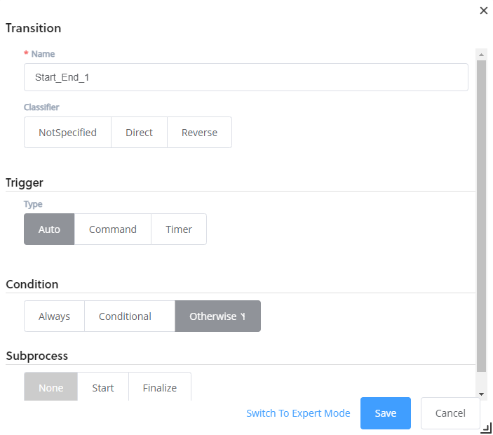 workflow designer transition pop up with condition set to otherwise