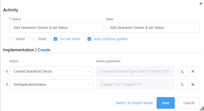 the workflow designer create activity pop up with actions set