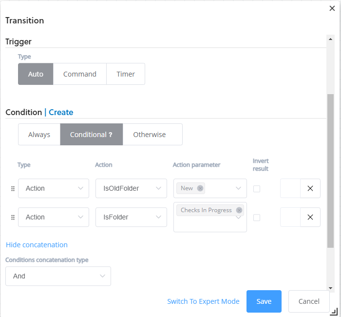 workflow designer transition pop up with condition set to conditional and condition defined