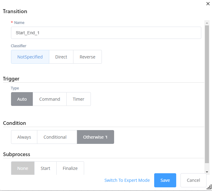 workflow designer transition pop up with condition set to otherwise