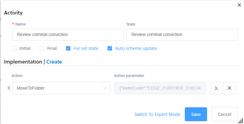 the workflow designer create activity pop up an action set