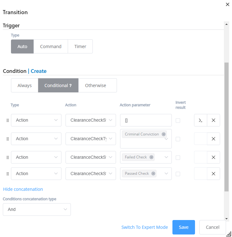 workflow designer transition pop up with condition set to conditional and condition defined