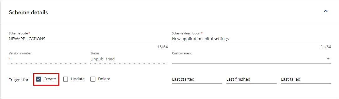 the scheme information section highlighting trigger for Create