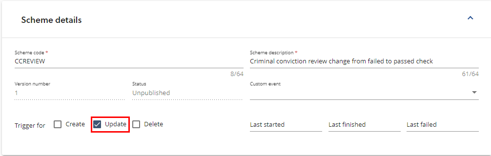 the scheme information section highlighting trigger for update