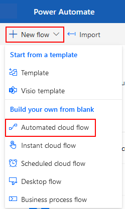 Power automate with new flow and automated cloud flow options highlighted