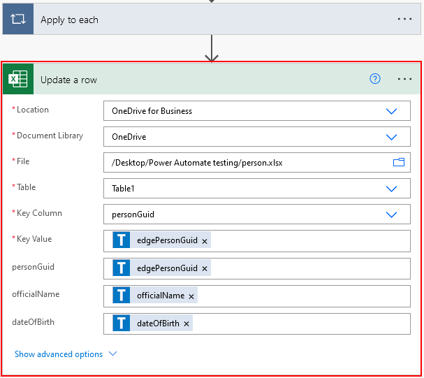 Update a row step with all fields populated