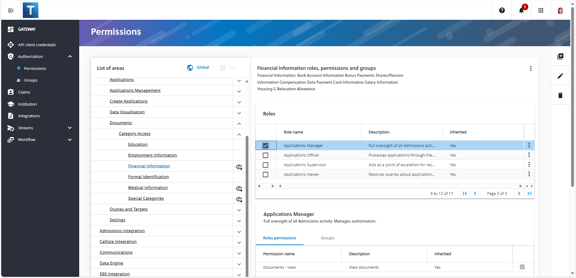 Image of authorisaton area for document categories showing that the category finanical information has sensistive infomration