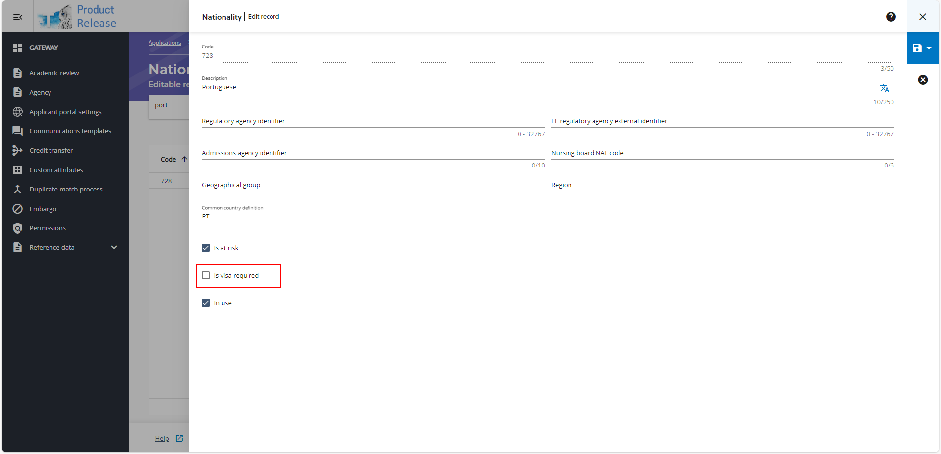 Screenshot of the nationality reference data with option Is visa required