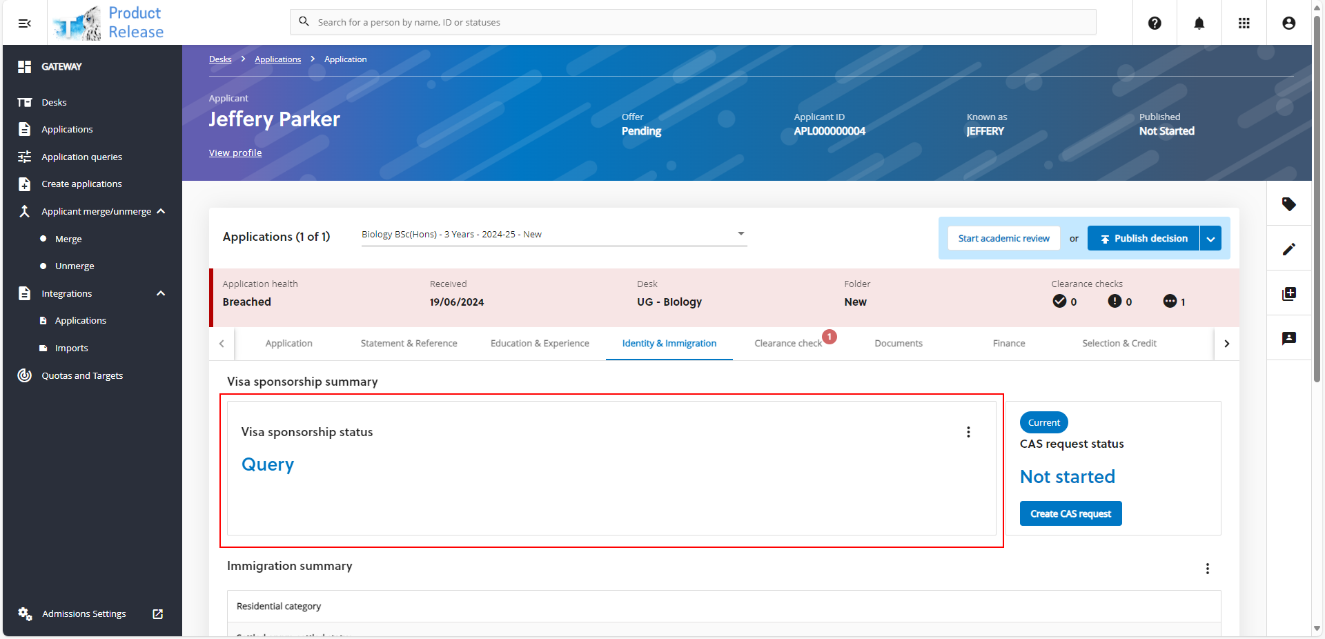 Screenshot an application showing the identity and immigration tabe with the visa spsonsorhip status set to query