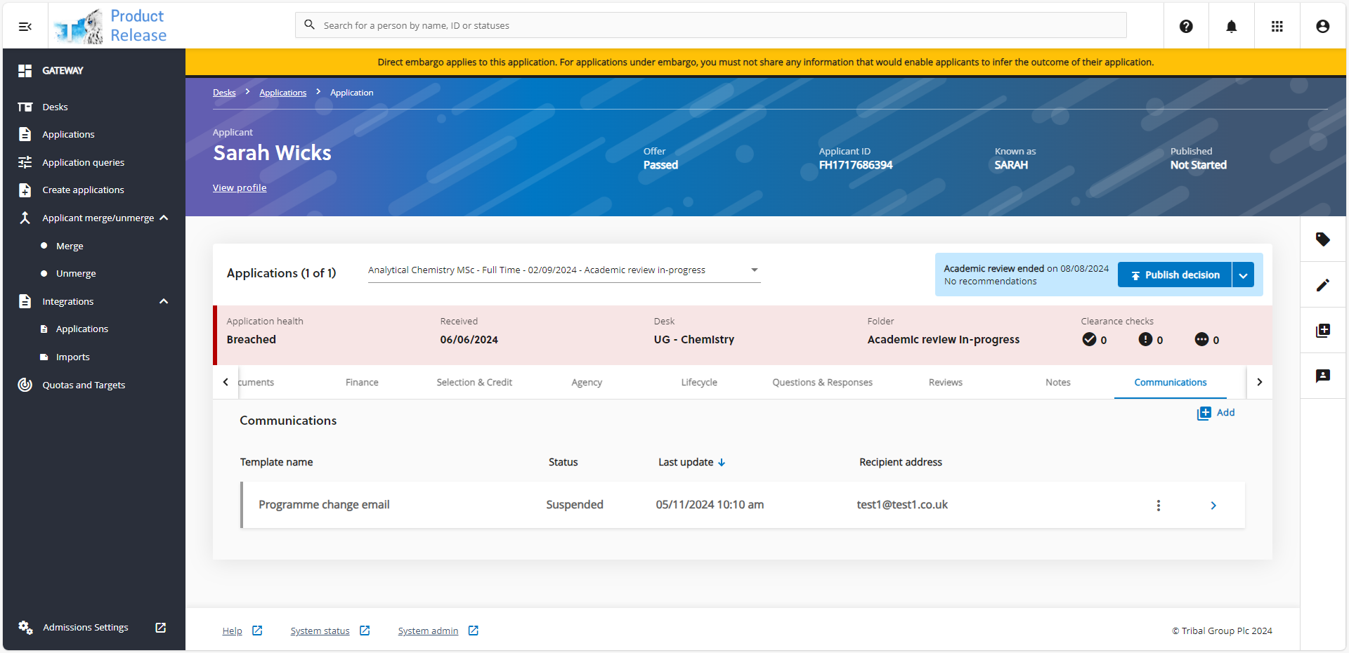 Screenshot of the communications tabs showing a supsended communication