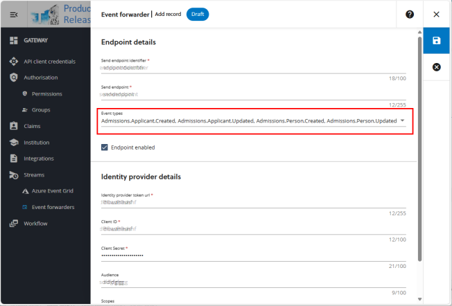 Screenshot of an event forwarder showing the event types to filter the events to forward.