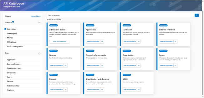 Image showing the new categories for Admissions in the API catalogue.