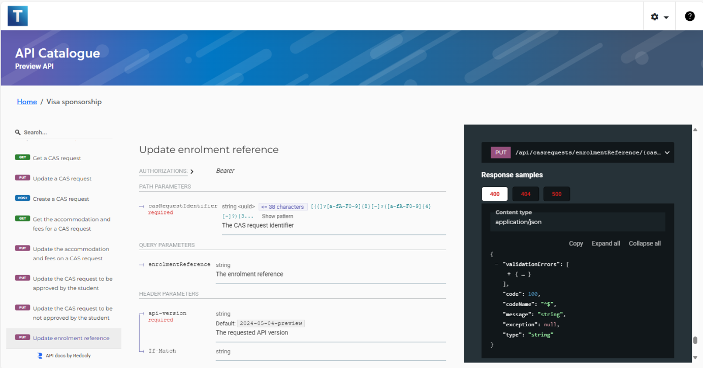 Update enrolment reference on the API catalgoue